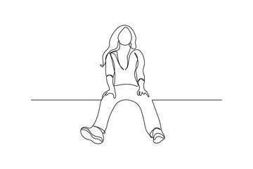 Girl sitting high with dangling feet in continuous line art drawing style. Minimalist black linear sketch isolated on white background. Vector illustration