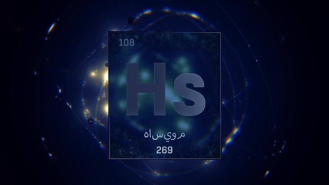 Hassium as Element 108 of the Periodic Table. Seamlessly looping 3D animation on blue illuminated atom design background orbiting electrons name, atomic weight element number in Arabic language