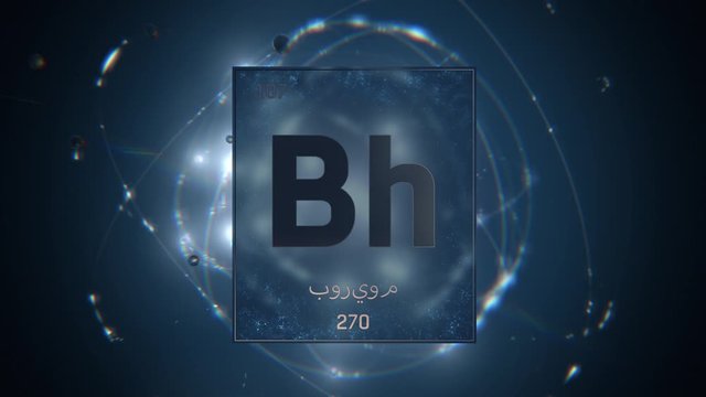Bohrium as Element 107 of the Periodic Table. Seamlessly looping 3D animation on blue illuminated atom design background orbiting electrons name, atomic weight element number in Arabic language