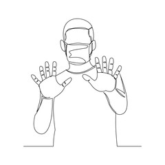 Continuous line drawing of man wearing surgical mask to protect disease, flu, air pollution, pandemic, virus. Vector illustration.