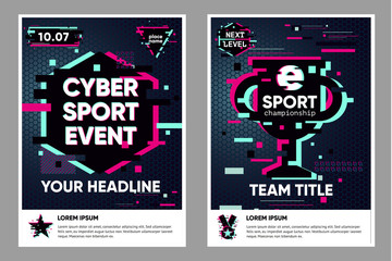 Cyber sport poster. Electronic games backgrounds. Glitch style vector banner for web event