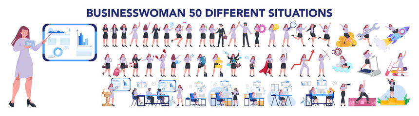 Set of business woman or office worker character with various poses