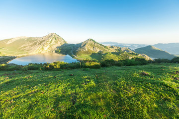 views of the mountain lake of the national park peaks of europe