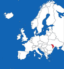Moldova highlighted on europe map. Blue sea background. Perfect for Business concepts, backgrounds, backdrop, sticker, chart, presentation and wallpaper.