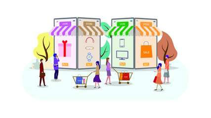 Online shopping landing page. Flat people characters with shopping. Perfect for web design, banner, mobile app, landing page. Vector illustration.