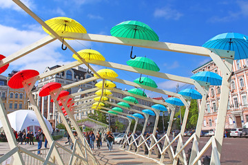 KYIV, UKRAINE - MAY 01, 2017: Bright umbrellas decoration in fan zone for international song competition Eurovision-2017 on Sofia square in Kyiv