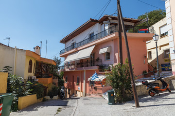 Fototapeta na wymiar KAVALA, GREECE - SEPTEMBER, 15, 2018: Beautiful streets with old house in the old part town