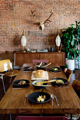 Rustic homey dining table with food