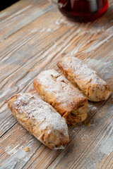 Close up of phyllo apple strudel with nuts and cinnamon