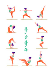 Fototapeta na wymiar Collection of young woman performing Yoga. Bundle of female character demonstrating various yoga positions, Colourful flat vector illustration.