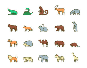Obraz premium Wild animals symbols color linear vector icon set
