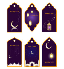 Ramadan Tag Collection Set. Vector illustration badges of holy ramadan kareem with islamic symbol glowing lanterns, mosque, shiny crescent and stars.