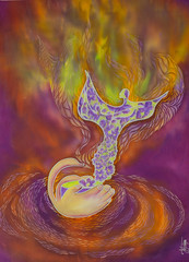  Two hands on a lilac-orange background hold a cup of tea, from which comes the figure of a man in a colorful coat.