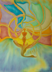  Against a shining background, the figure of a woman who is a symbol of the sun