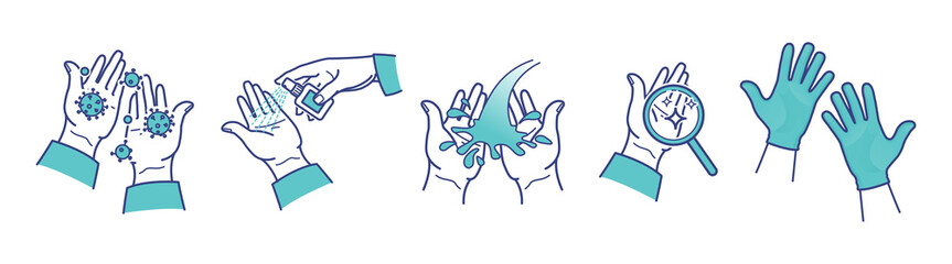 Coronavirus precautions. Hands disinfection, using sanitizer to kill bacterias and viruses, wearing medical nitrile gloves. Antibacterial means, antiseptic