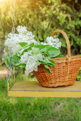 Fototapeta na wymiar bouquet of white lilacs in the basket. spring mood and beautiful background