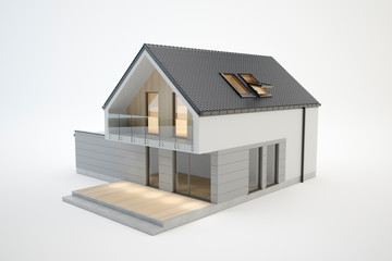 Modern house - 3D model isolated on white, 3D illustration  - obrazy, fototapety, plakaty