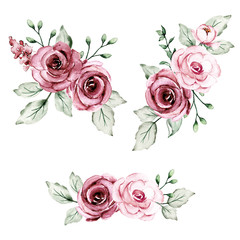 Set flowers, watercolor painting, floral vintage botanical illustrations with roses and leaves. Decoration for poster, greeting card, birthday, wedding design. Isolated on white background.