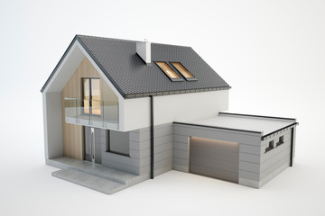 Modern house - 3D model isolated on white, 3D illustration 