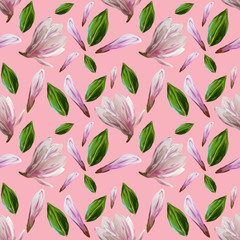 Seamless pattern with blooming magnolia flowers and leaves. Watercolor illustration. Pattern on isolated pink background for your design, wrapping paper, fabric, background.
