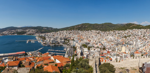 Obraz premium Aerial panoramic view of Greek resort Kavala, big port with old fortress and old town