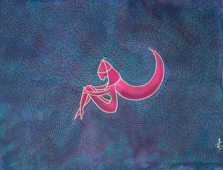 The figure of a woman sitting in the middle of the picture on a blue background, her gaze is fixed on her knees, she is thinking.