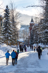 People walking around in Whistler Village, Canada, which is populated with shops and resaurants....