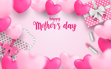 Happy Mother's day. Design with gift box, lipstick ,pearl and heart on soft pink background. light and shadow. Vector.