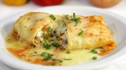 chicken pancakes with vegetables, delicious brazilian food, selective focus