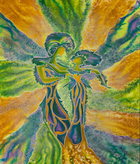 Two pine trees, in the image of a man and a woman, are dancing on a green-orange background