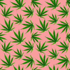 Obraz na płótnie Canvas Marijuana gouache seamless pattern . Hemp marijuana, hemp leaves on coral background. Green smoke hashish narcotic.