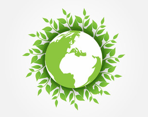 Ecology concept. Green earth , green leaf paper art on white background. Vector.