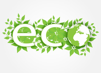 Ecology concept. Green earth , green leaf paper art on white background. Vector.
