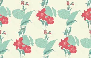 Seamless pattern featuring flowers and leaves. Elegant, different colour combinations. 