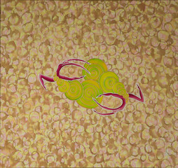  Two figures flying on a motley background among circles of different sizes.