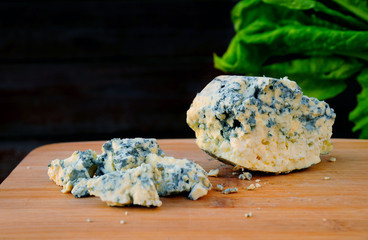 blue cheese with pieces of mold lie on a wooden board on a background of greens and black background