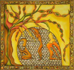  People on the background of a brick wall, in a confined space, are looking for a way out where the tree grows.