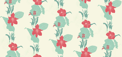 Seamless pattern featuring flowers and leaves. Elegant, different colour combinations. 