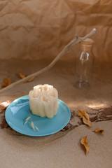 Luffa sponge on a ceramic blue trowel. Background sand and craft paper.