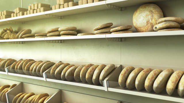 shelves with bread in a supermarket different types of pastries on shelves 3d render image