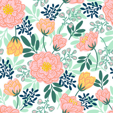 Abstract floral pattern. Seamless wallpaper and fabric design. White background. Vector illustration.