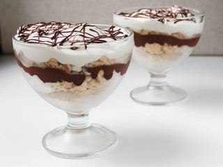 Tiramisu in a bowl. Traditional italian dessert. Side view.