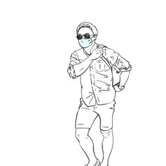 Coronavirus. Walking man in medical face mask and sunglasses, Hand drawn linear illustration, Vector sketch