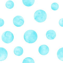 Polka dot blue, teal, turquoise watercolor seamless pattern. Abstract watercolour background with color circles on white