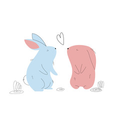 Two cartoon rabbits in love stand opposite each other. Cute picture in pastel colors. Design for a romantic greeting card. Vector illustration isolated on a white background
