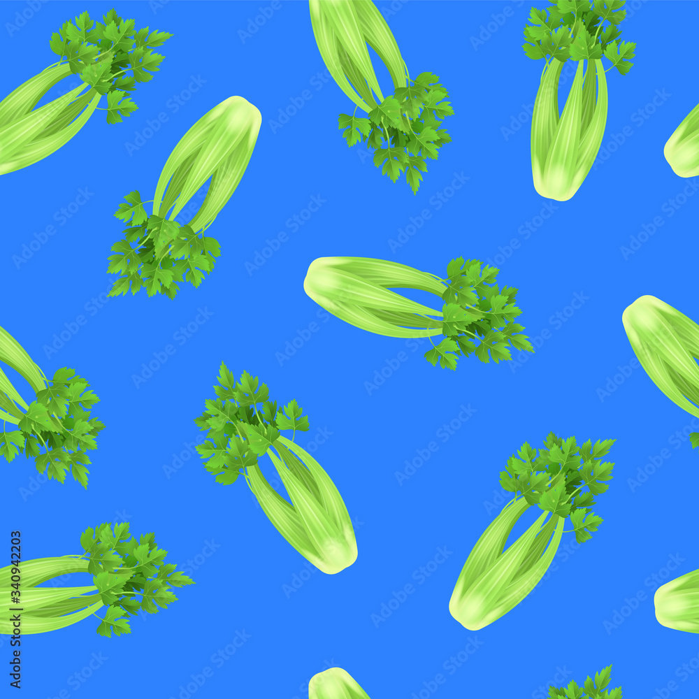 Sticker Realistic 3d Detailed Green Fresh Celery Seamless Pattern Background. Vector