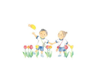 Obraz na płótnie Canvas 幼稚園児とチューリップ、お散歩