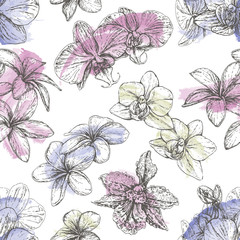 Hand drawn style seamless pattern with phalaenopsis orchid and plumeria flowers. Black and white vector illustration isolated on white - obrazy, fototapety, plakaty