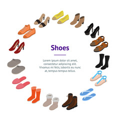 Shoes Concept Banner Card Circle 3d Isometric View. Vector