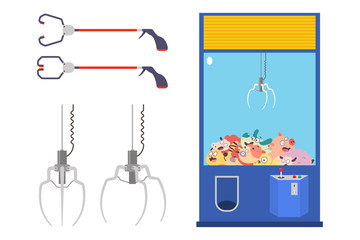 Grabber machine with toys and tools vector cartoon set isolated on a white background.